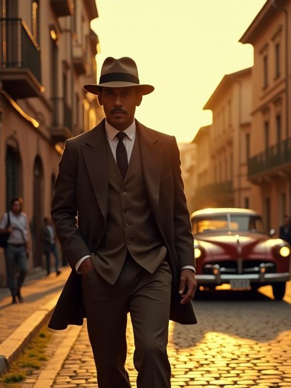 Image features a young man dressed in a neo-noir detective outfit. He walks through a charming Italian neighborhood. Surrounding him are old buildings with terracotta tiles. The warm glow of golden hour highlights the scene. Retro cars are in motion on the street, creating an atmosphere of nostalgia.