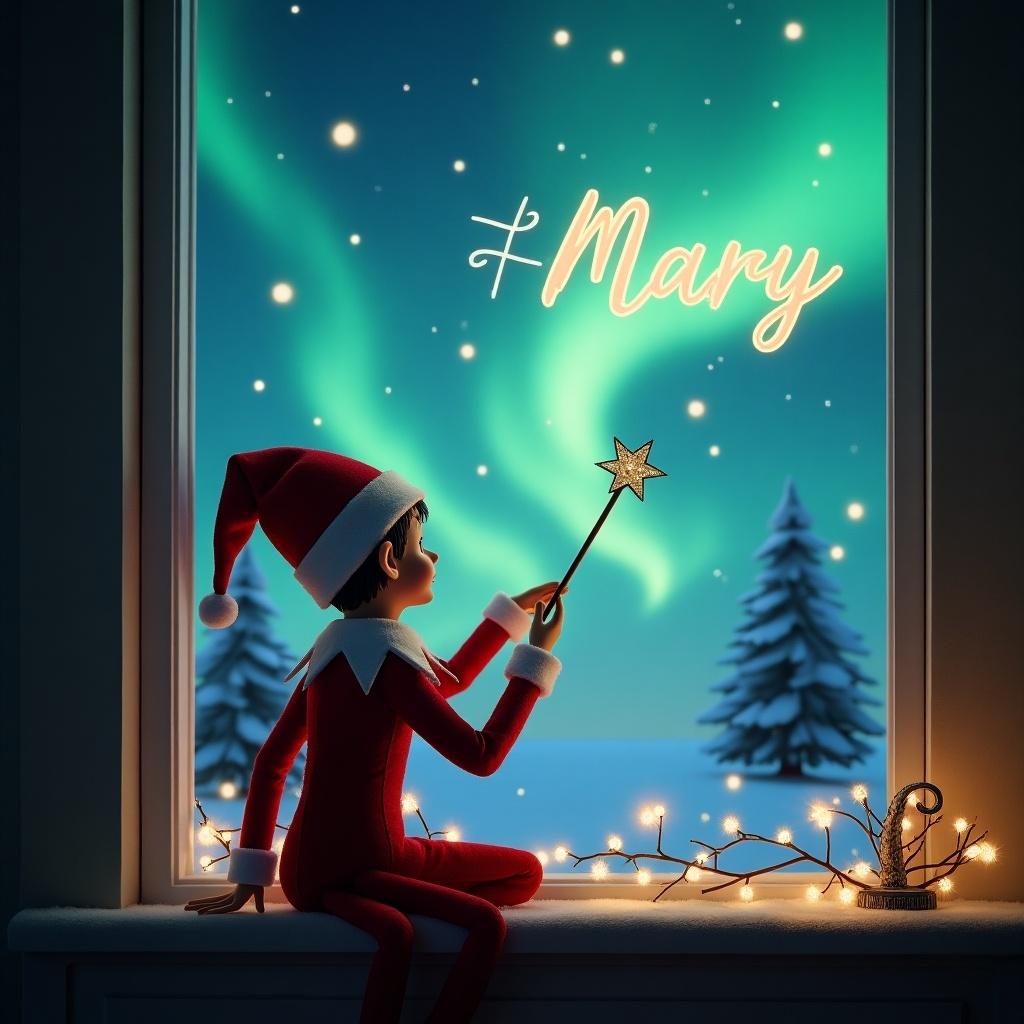 An elf on the shelf is sitting with his back to the viewer, looking up at the night sky. He holds a wand, crafting the name 'Mary' in glowing letters above. The background is filled with vibrant northern lights illuminating the night sky. Christmas trees are visible in the distance, creating a magical ambiance. Soft fairy lights decorate the window sill, enhancing the festive mood. This scene captures the spirit of Christmas and childhood wonder beautifully.