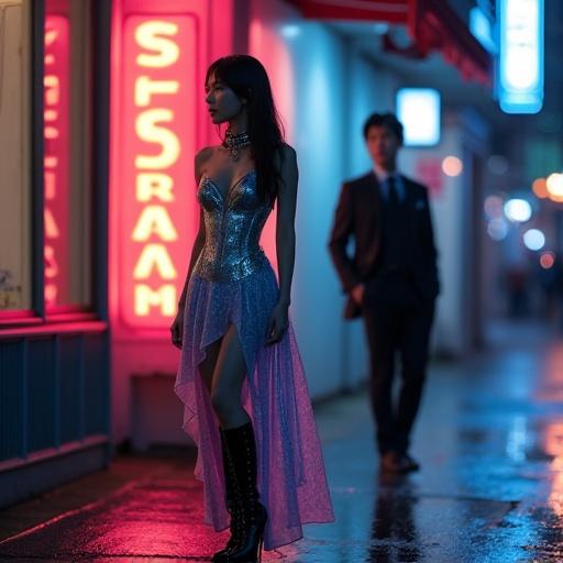 A 25-year-old Korean woman stands on a rain-slicked street corner. She wears a tight, iridescent corset of liquid silver. The corset shimmers with metallic threads. A flowing, asymmetrical silk skirt drapes over one hip. She wears sleek, knee-high boots. A choker of interlocking rings rests at her throat. Behind her, a blurred figure in a tailored suit leans against the wall.
