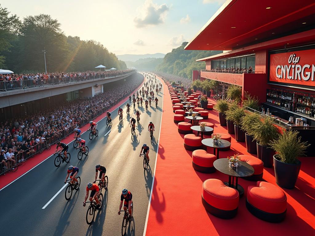 This image features a vibrant cycling race with a large number of cyclists speeding along a scenic road. The event is set against a backdrop of lush greenery, showcasing a bright, sunny day. Spectators fill the area alongside the road, creating an energetic atmosphere. The red and black color scheme of the surrounding venue adds to the excitement. It captures the essence of summer sports and community engagement.