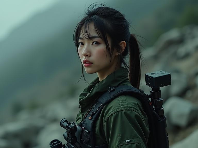 8K realistic photo showing a beautiful Japanese woman in tactical gear as a Navy SEAL. She has a desperate expression. The composition is dramatic and delicate, like a movie scene. This full body shot captures the essence of action and adventure.