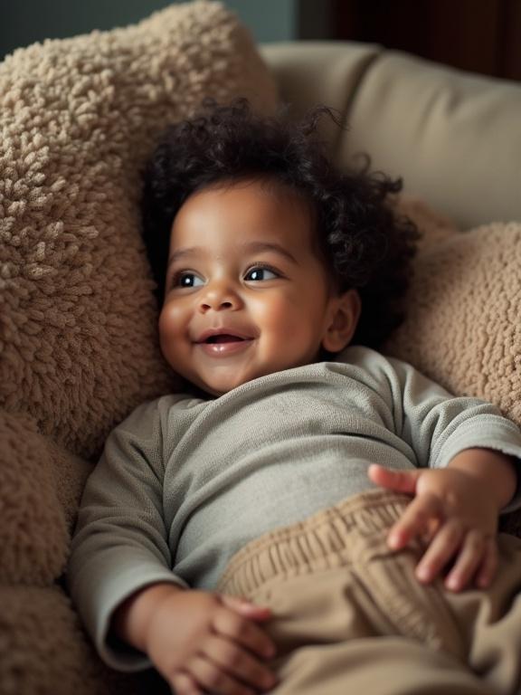 Child lying on a soft beige sofa with a relaxed pose and a cozy atmosphere. Warm and inviting setting with textured cushions. Natural light enhances the peaceful ambiance.