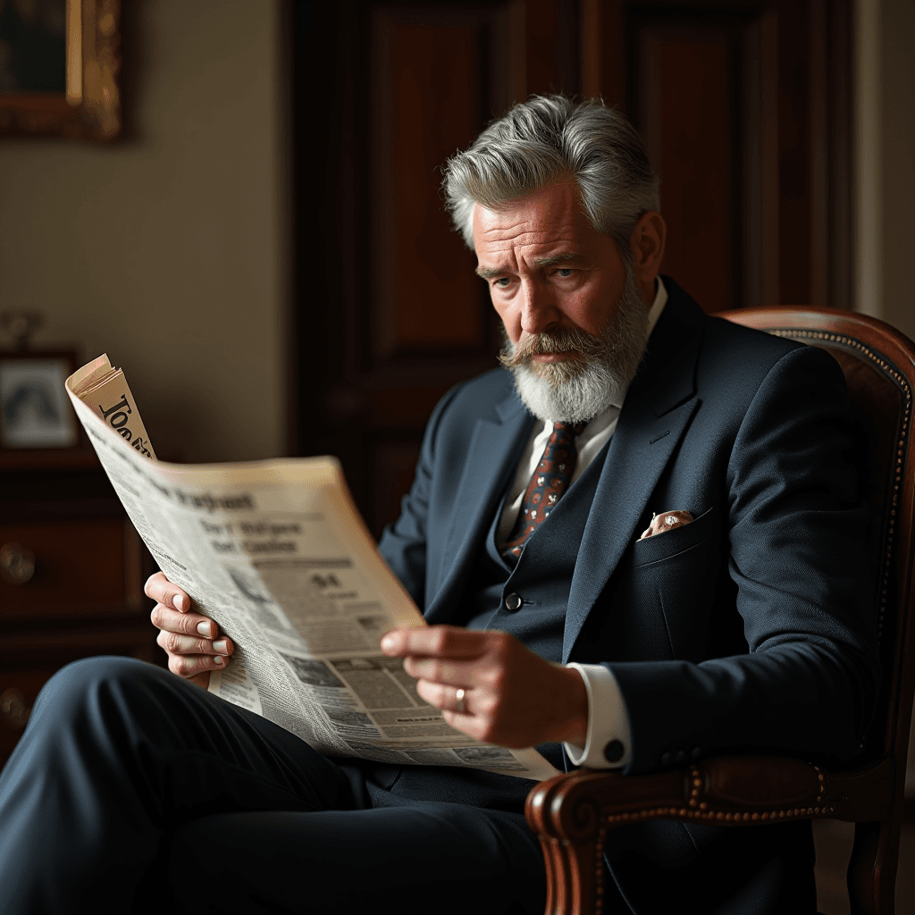 A distinguished man in a suit reads a newspaper in a wood-paneled room.