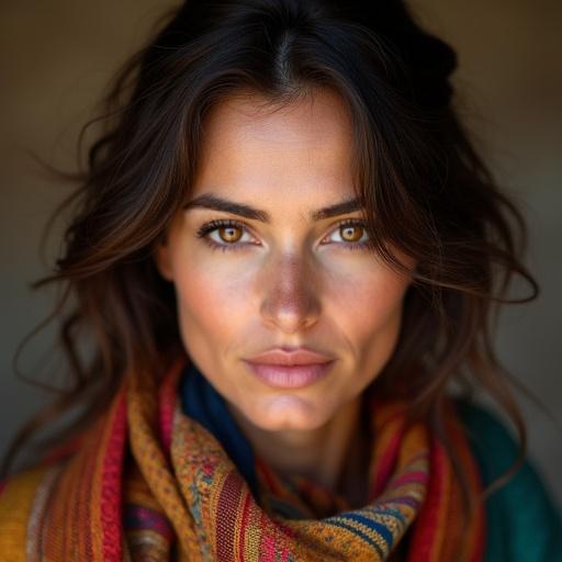 Intimate portrait of a beautiful confident woman wearing a colorful shawl. Deep amber eyes accentuate her features. She has a radiant and striking appearance.