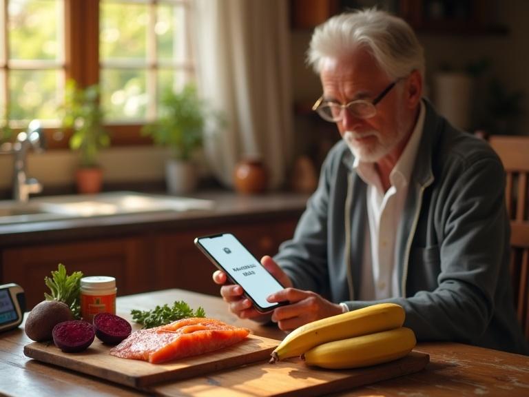 Ultrarealistic cinematic image of a senior man in a warm kitchen reviewing a meal plan with beets fatty fish and bananas on a rustic table while holding a phone. A nitrate symbol glows near the beets and a blood pressure monitor is beside medication in the blurred background. Warm sunlight casts a glow.