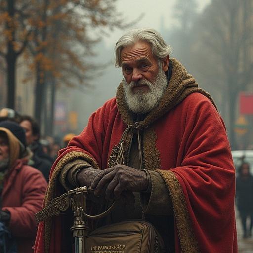 An elderly man with a beard walking in the city wearing a red coat. Background shows people and city sights.