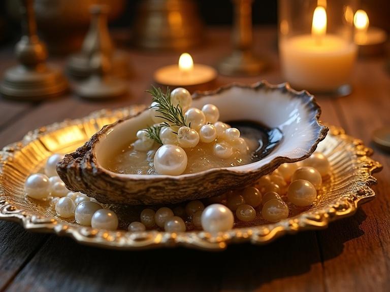 A close-up view of an oyster presented on a golden platter. The oyster is adorned with iridescent pearls. Soft candlelight creates a Rococo fantasy ambiance. The scene exudes luxury and elegance.
