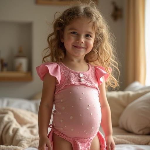 A hyper-realistic portrait of a child wearing a pink bodysuit with short sleeves. The child is smiling and sitting in a bright room with a cozy atmosphere.