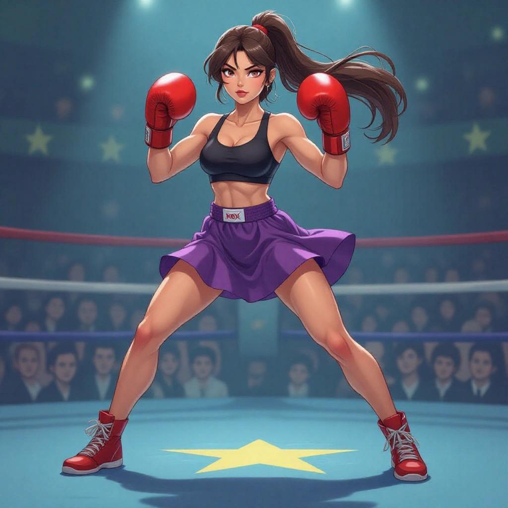 Stylized female boxer character with confident expression. Slender yet toned body in fighting stance. Wears red gloves, tight top, short purple skirt. Long hair in a ponytail. Smooth ring-like base with stars. Designed for resin printing. Non-realistic, embodies a playful universe.
