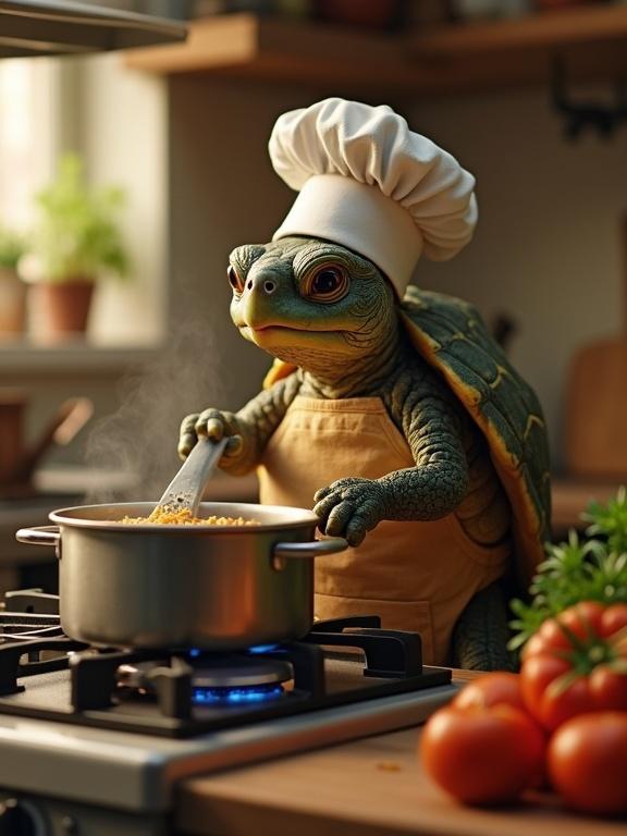 Tiny turtle dressed as a chef stirring a pot on a stove. Cozy kitchen decor with warm lighting and surrounded by colorful vegetables and cooking utensils. Realistic art style.