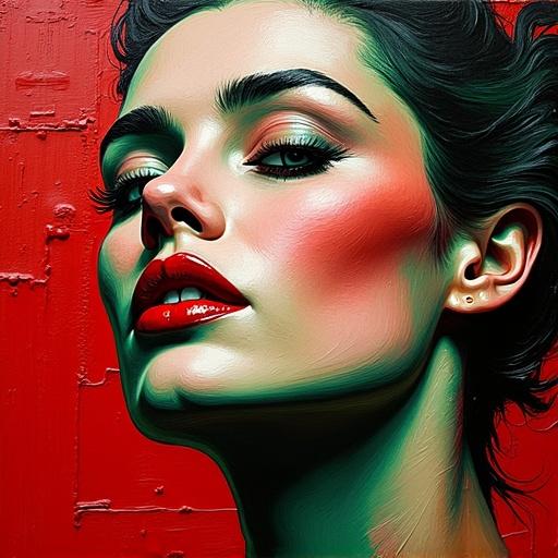 An abstract expressionist painting features a coquettish woman. The artwork uses layers of red and green paint for a glass-like effect. The texture is bold with aggressive brushwork. The impasto technique shows ridges and valleys in the paint. Abstract expressionist style with thick layers on canvas.