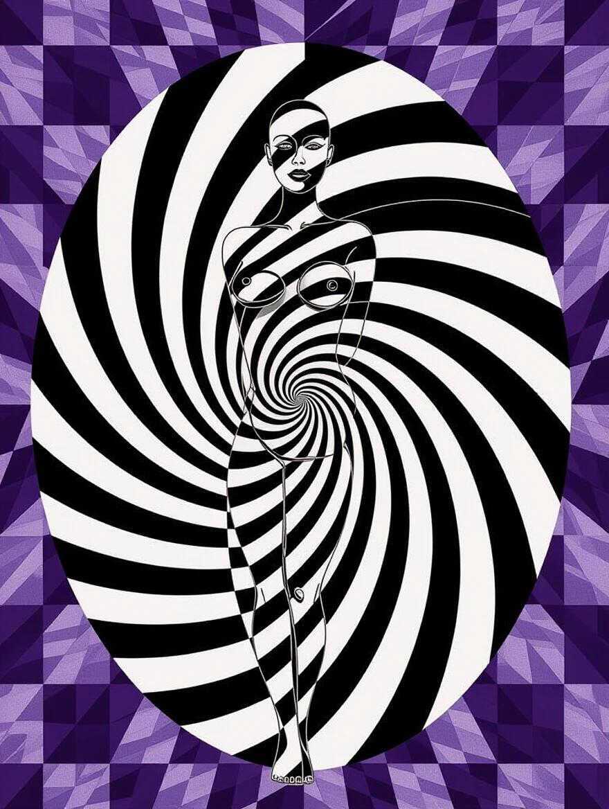 Digital art piece featuring an optical illusion of a nude body in black and white with stripes creating a spiral pattern. Background has large checkered patterns in shades of purple and gray. Design creates a sense of movement, engaging viewers' gaze.