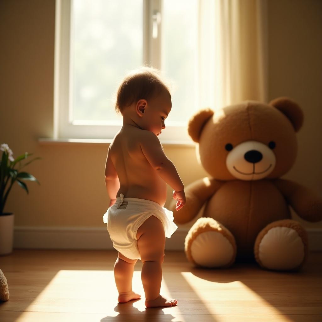 A baby stands in a brightly lit room. Sunlight comes through the window. A large teddy bear sits nearby. The baby is in a diaper.