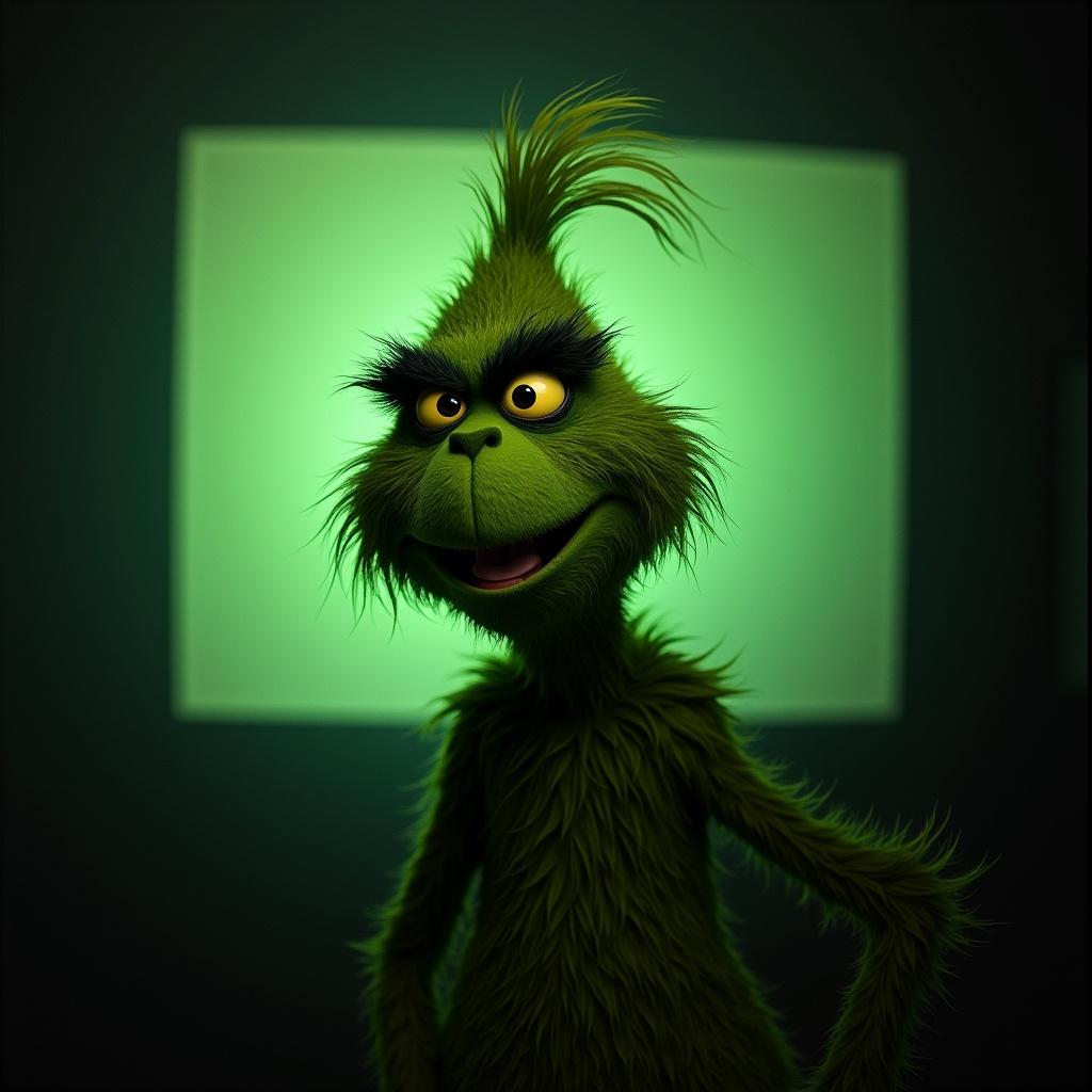 The Grinch character is depicted smiling in front of a soft green background. He has a furry green body and features a playful expression.