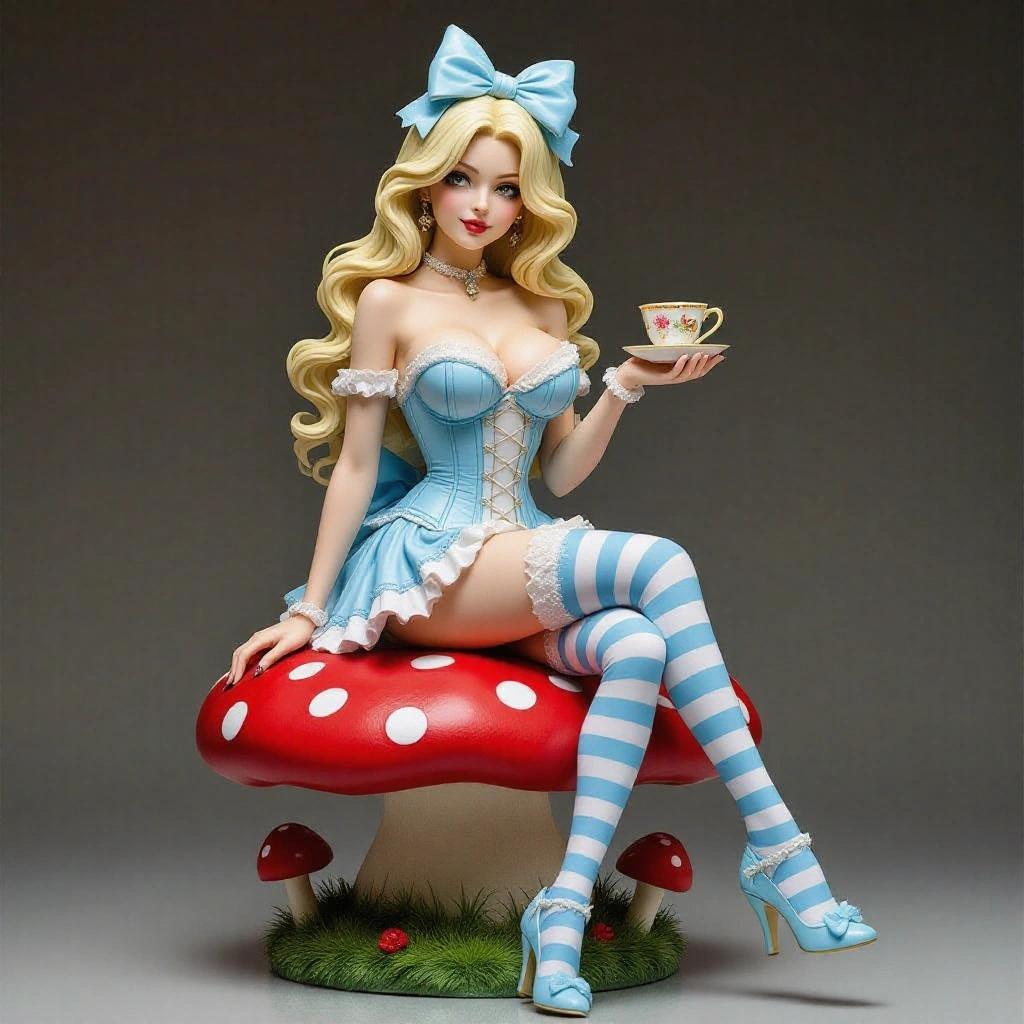 Stylized blonde woman statue sitting on a red mushroom. Holding a teacup. Wearing a light blue corset dress and striped stockings. Long wavy hair with a blue bow. Soft and flirtatious expression. Base has green grass and small mushrooms.