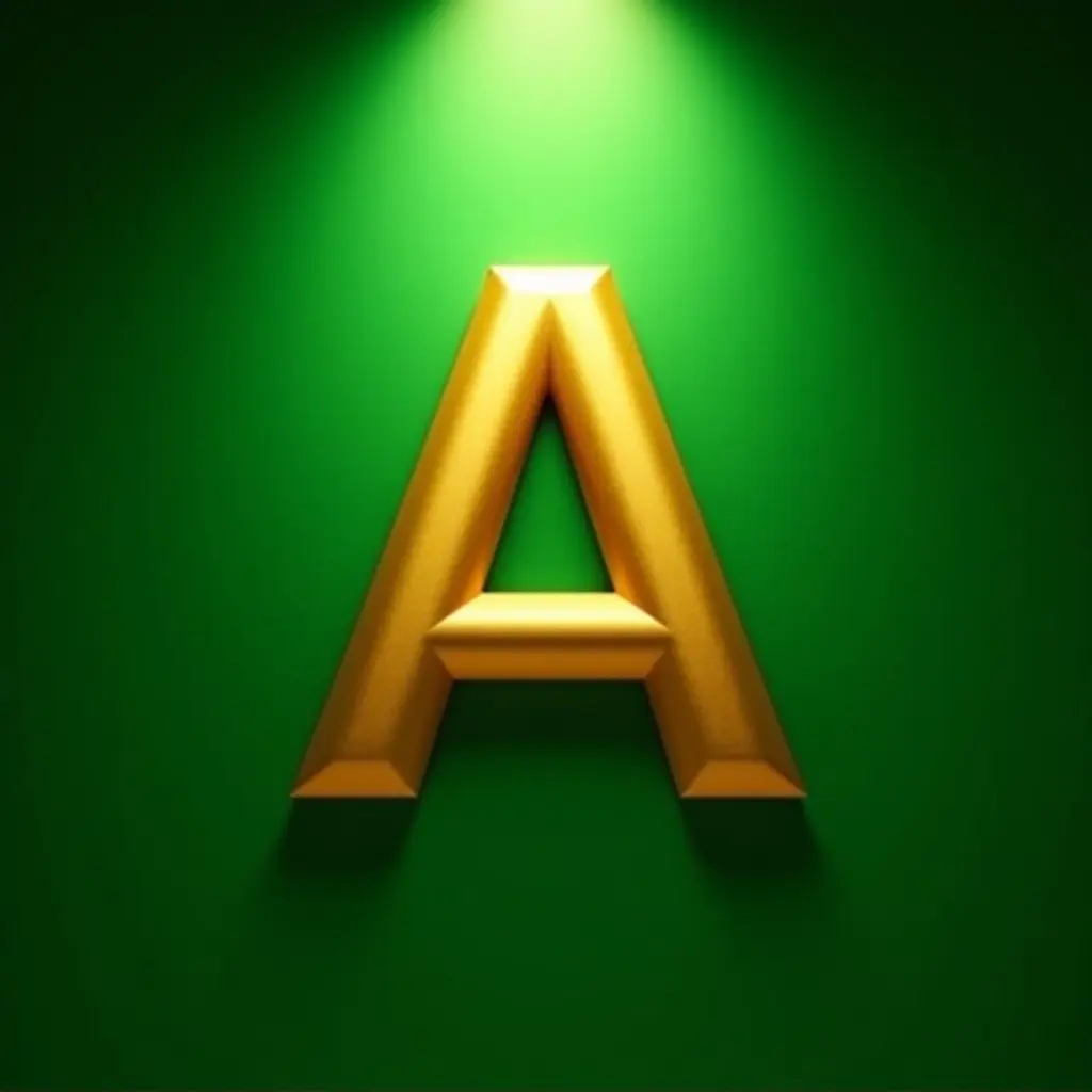 Gold letter A against vibrant green background. Illuminated by spotlight.