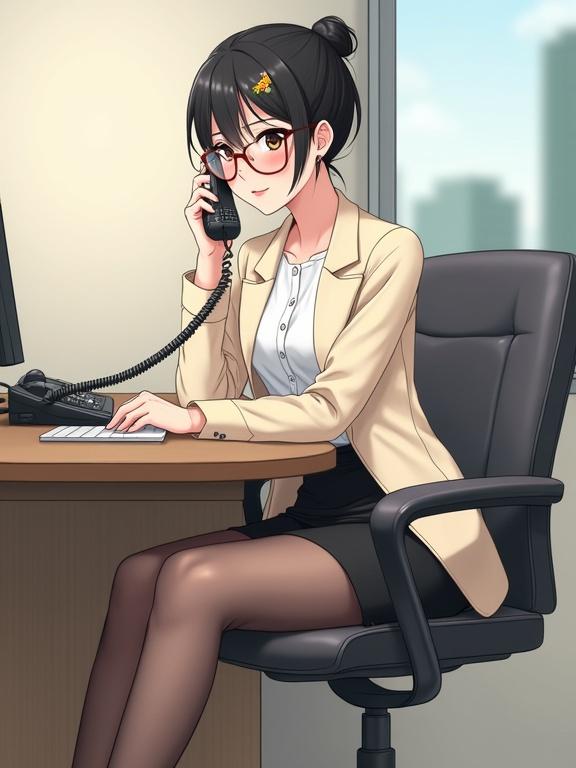 Full-body image of a Korean female secretary in an IT company. She is sitting at her desk and answering a call. She has jade-white legs in black pantyhose and black heels on. Her outfit is a white blouse, black knee-length skirt, and cream blazer. Her black hair is in a bun with a flower clip. She wears brown spectacles and has a slight smile while speaking on the phone.