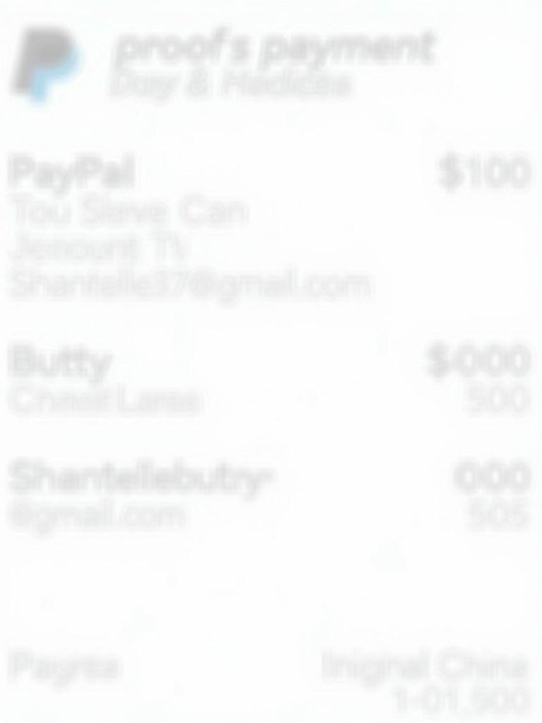 Image of a proof of payment from PayPal. Completed transaction of $100. Payment directed to Shantellebuttry365@gmail.com. Recognizable PayPal receipt design. Clear layout with bold text.