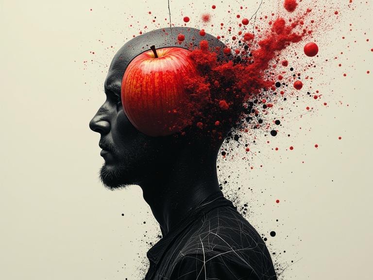 Faceless man with an apple in his head. Visual tension between chaos and order. Fragmented brutalist design elements. Conceptual art style with static and signal disruption effects.