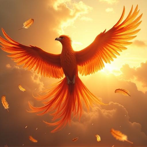 A fiery phoenix with large wings and an F-fighter jet ascends in a bright sky. Warm golden colors envelop the scene with scattered light creating a dreamy atmosphere. Feathers float around the phoenix and jet enhancing their ethereal quality. Background features puffy white clouds illuminated by sunset creating depth. The image evokes power and greatness, merging realism with fantasy elements.