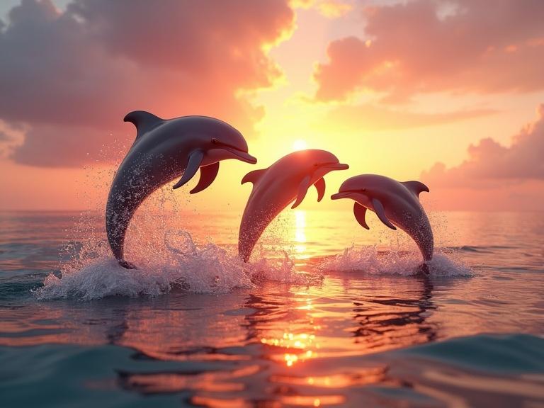 A hyperrealistic scene of playful dolphins leaping and doing flips above the calm ocean waves at sunset. The sky has hues of orange pink and purple that glow golden over the water. The dolphins are mid-air with water splashing around them. The sea reflects the colors of the sky creating a magical joyful atmosphere.