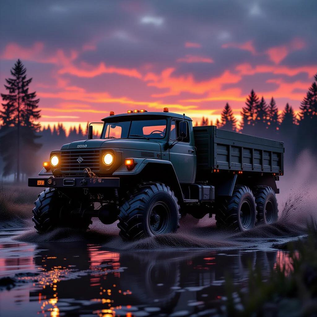 A Soviet ZIL-157 military truck drives through a swamp at dusk. Water splashes around its massive mud-covered tires. Headlights shine through the fog against a blood-orange sunset. Pine trees silhouette the horizon. The truck shows rust streaks and canvas flaps. The atmosphere feels eerie with a lone wolf howl. Shot on a Hasselblad camera with high detail.