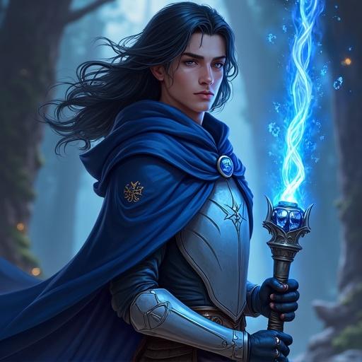 Young man with flowing jet black hair and determined eyes. Wears Guardia Blue armor with silver chest plate and blue-black robe with azure flames. Hooded navy cloak with magical rune. Holds tall staff named Rumble Flare with blue orbs and swirling flames. Background features dark forest with spiraling blue flames.