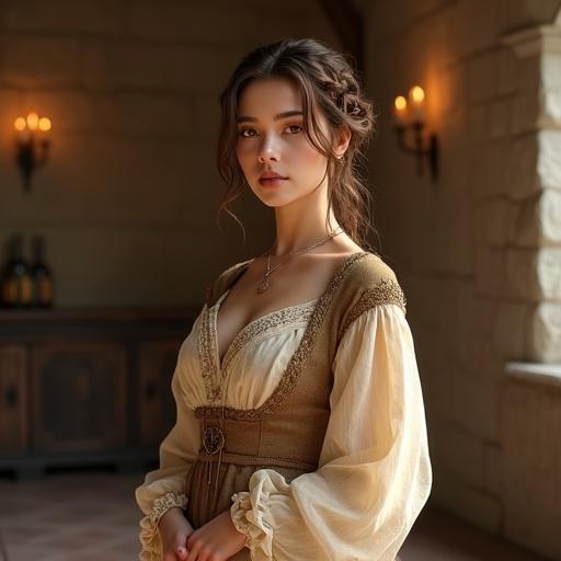 Graceful 25-year-old woman stands in a cozy rustic stone cottage. She wears an elegant medieval-style dress with delicate embroidery in warm earthy tones. The dress features transparent layers highlighting her figure. Soft light from candles illuminates her porcelain-like skin and chestnut brown hair styled in a relaxed bun. She exudes confidence and warmth with a serene expression.