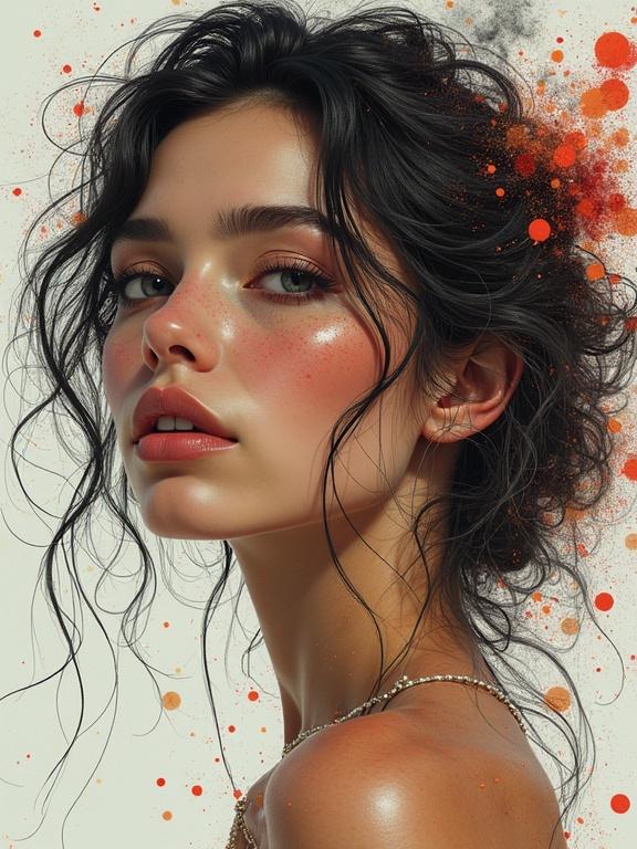 Hyper-realistic woman with detailed features in pin-up style. Background splattered with vibrant colors. Focus on artistic expression and beauty.