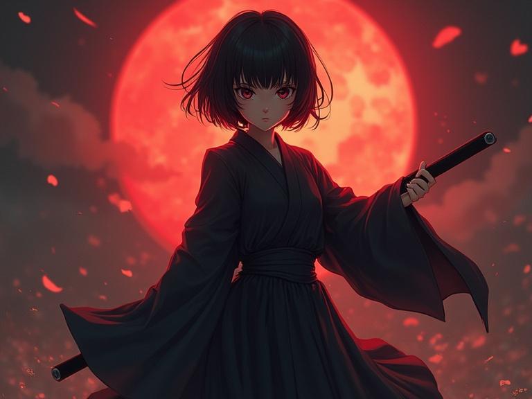 A beautiful female character in a dark ninja outfit stands confidently against a large red moon. She holds two weapons in an action pose. The atmosphere is dramatic with red and black tones. She has short black hair and an alluring expression.