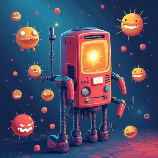 A colorful cartoon robot stands in the center with a glowing feature. Surrounding the robot are playful virus characters with expressive faces. The background is a dark blue, creating contrast. The setting is vibrant and imaginative.