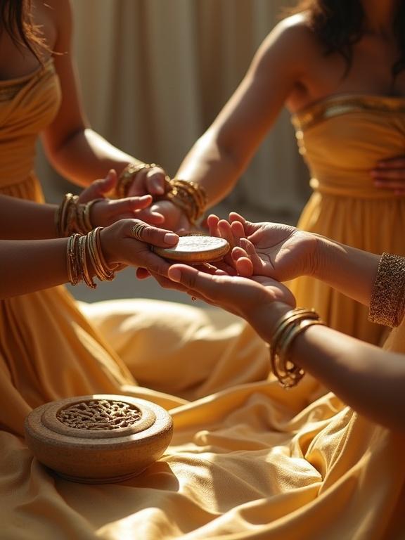 First-person perspective of lying on silk sheets. Hands adorned with jewelry visible. Attendants around. One places a silver bowl in hand. Another holds a mirror reflecting face. Third pours oil into dish. Papyrus tiles on floor. Morning sunlight through curtains. Ancient Egyptian palace setting.