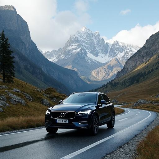 Volvo car driving on a winding road in a mountain landscape with snow-capped peaks in the background. Clear blue skies and natural daylight illuminating the scene.