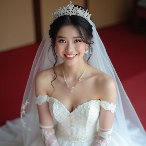 Japanese woman smiles while wearing a beautiful A-line wedding dress, long veil, and satin gloves. She has a tiara, necklace, and earrings. Classic bridal updo hairstyle. Sitting on a carpet with a view from below.