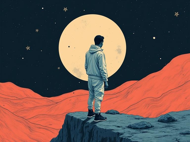 Minimalist illustration featuring a human figure in outer space. Bold monochrome background with sharp colorful contrasts. Clean negative space creates a surreal composition with a fashion editorial vibe.