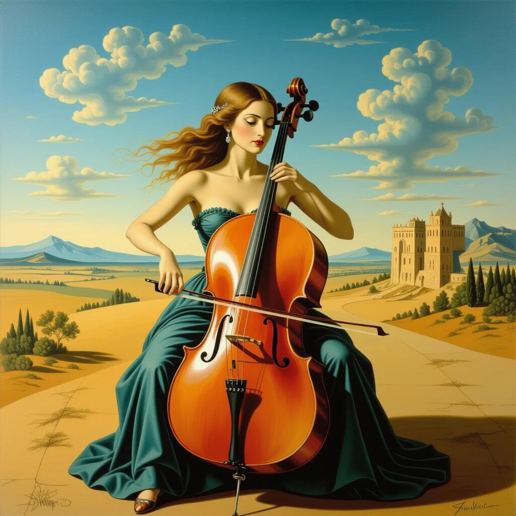 Surreal artwork featuring a woman elegantly playing a cello. The background shows a vast landscape with mountains and a castle. The woman wears a beautiful teal gown. The scene is bright and dreamy, resembling a painting by Salvador Dali.