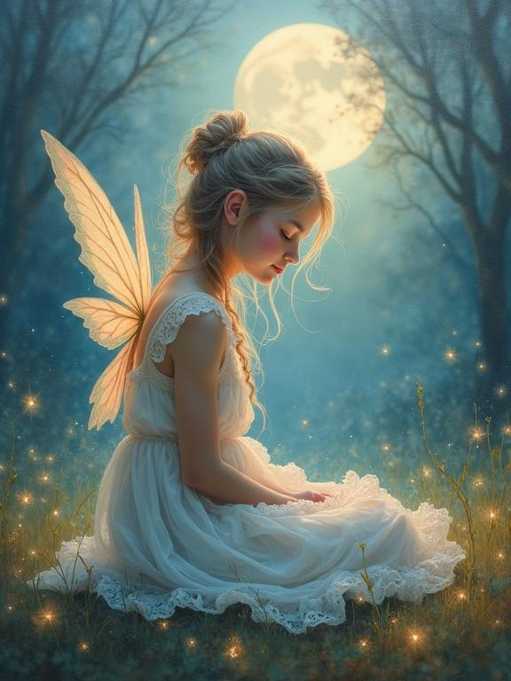 Pastel oil painting of an enchanting fairy sitting in a moonlit forest clearing. The fairy has delicate luminous wings and a gentle smile. The scene includes glowing fireflies and a misty backdrop.