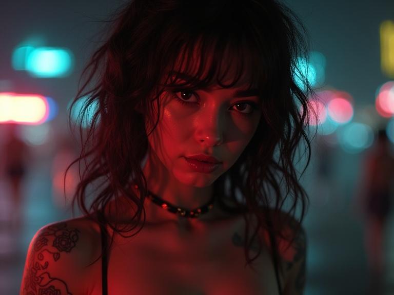 Girl with red eye makeup and tattoos. Cyberpunk setting with dramatic lighting and shadows. Close-up shot. Background blurred with vibrant colors.