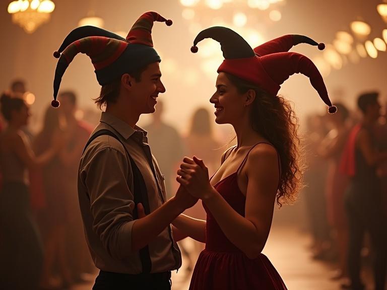 Couple of young people wearing jester's caps dance waltz elegantly. Warm lighting and festive atmosphere.