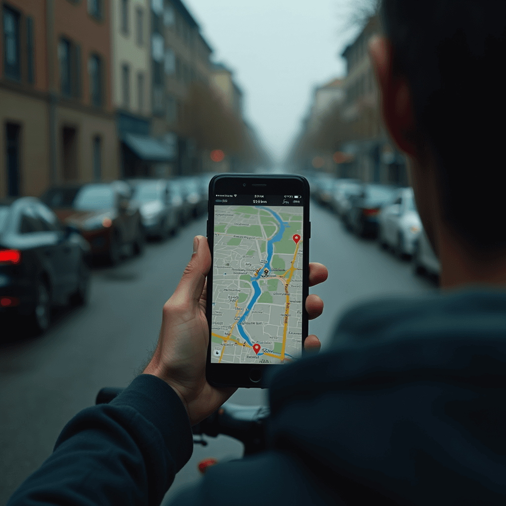 A person holds a phone displaying a map while standing on a city street with parked cars on both sides.