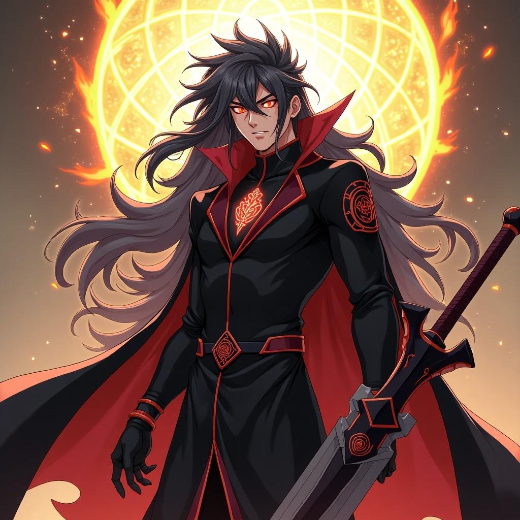 Character embodies power charisma and strategy. Long shimmery dark hair flows past shoulders. Multi-colored eyes symbolize perception. Cloaked in black and crimson robes with glowing runes. Wields a colossal sword infused with elemental powers. Calm demeanor suggests a tactical mind. Stands firm with unyielding presence.