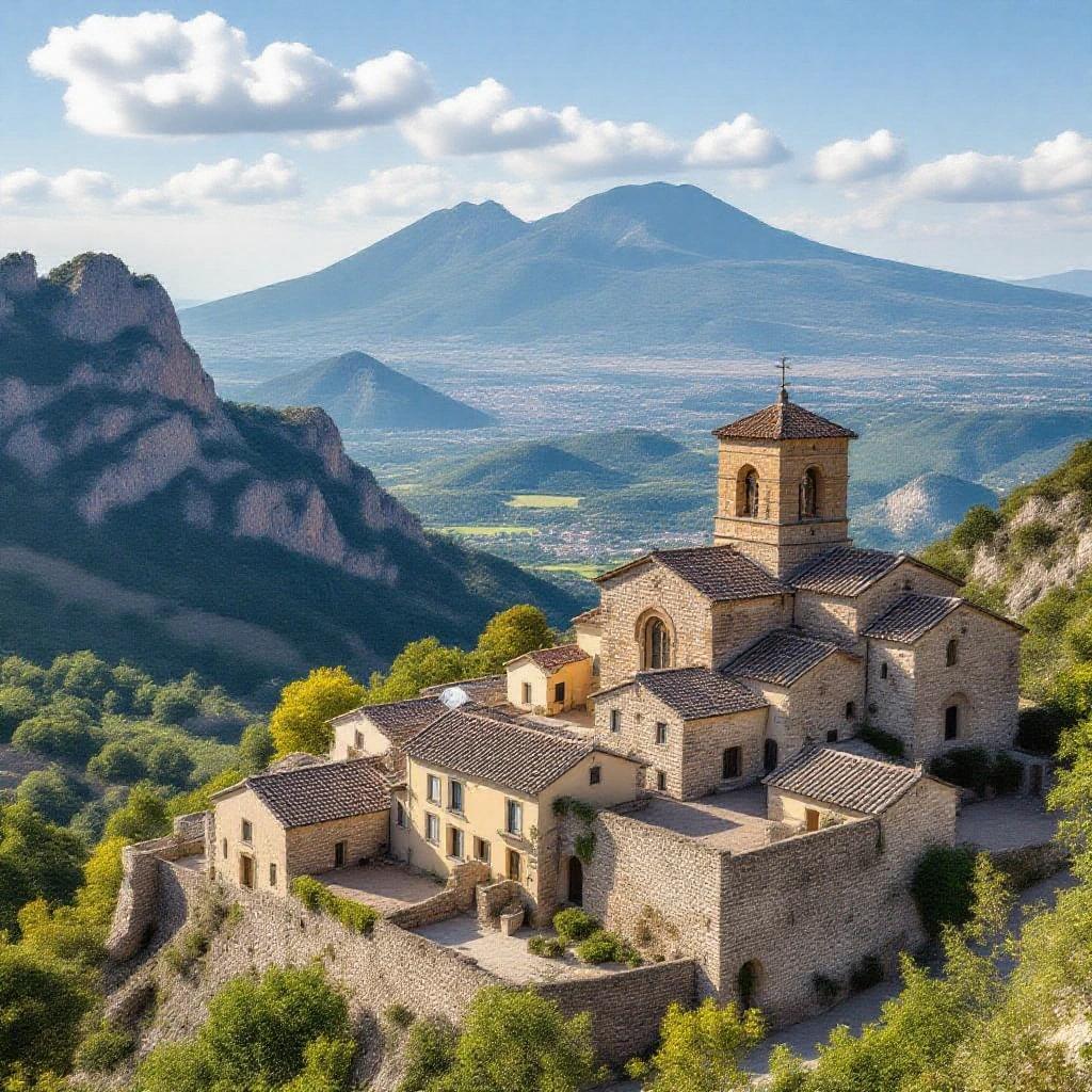 A picturesque view of an ancient monastery surrounded by mountains and lush greenery. The scene captures the beauty of the landscape and the architectural details of the structure in the foreground.