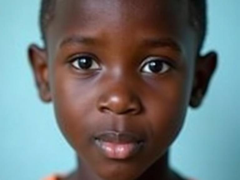 Close-up photograph of a young Nigerian boy about 6 years old. Lips pressed together before forming a /p/ sound. Cheeks slightly puffed. Soft blurred light blue background.