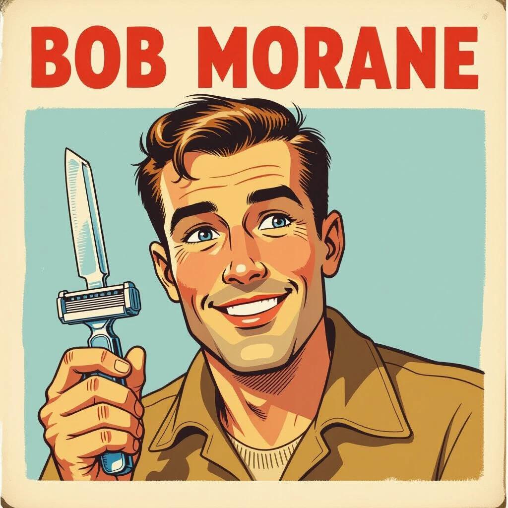 Bob Morane illustrated for a 1950s razor blade advertisement. The image features a confident man holding a razor. Illustration style reflects vintage advertising aesthetics. The color scheme includes soft blue, red, and beige tones.