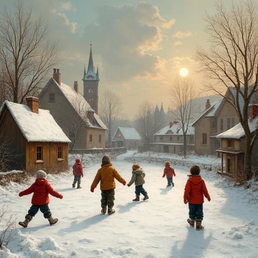 A snowy village in winter with children skating on a frozen pond. Children wear scarlet mittens and jackets. The sun sets in the background casting a warm golden light. Houses are rustic and covered in snow. Trees are bare and the sky has soft clouds.