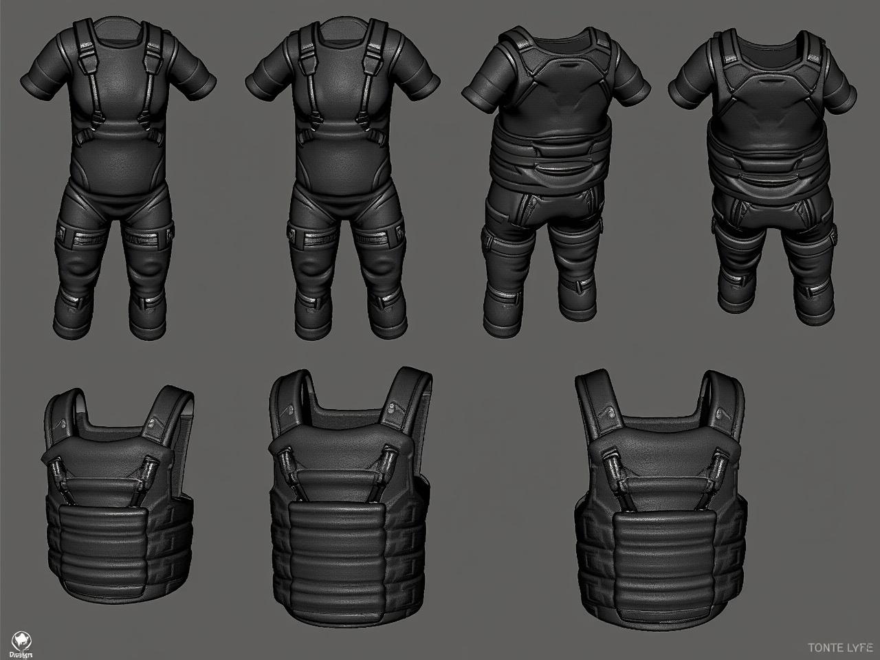 This image shows a detailed texture map of military armor pieces and equipment. The color palette is predominantly dark with shades of black and gray. Each section features varying textures that indicate different materials, such as fabric and metal. There are modular components like pockets and straps that suggest the armor is designed for functionality and protection. It appears to be a digital representation likely used for 3D modeling or video game design.