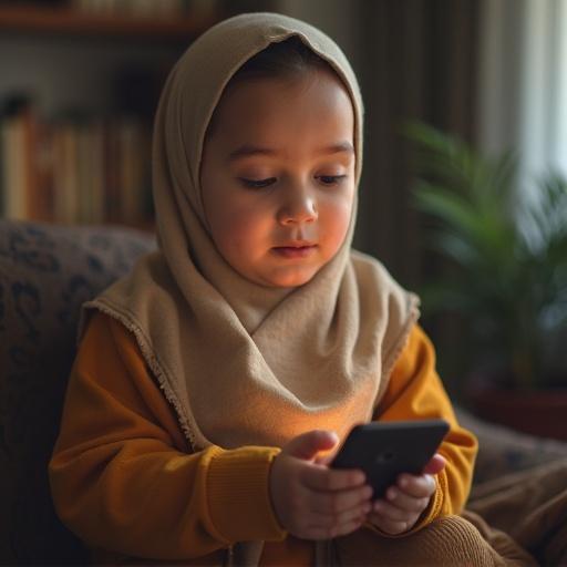 A child sits quietly, holding a mobile device in both hands. The expression shows curiosity. A backdrop of books hints at a soothing home environment. Soft natural light creates a warm atmosphere.