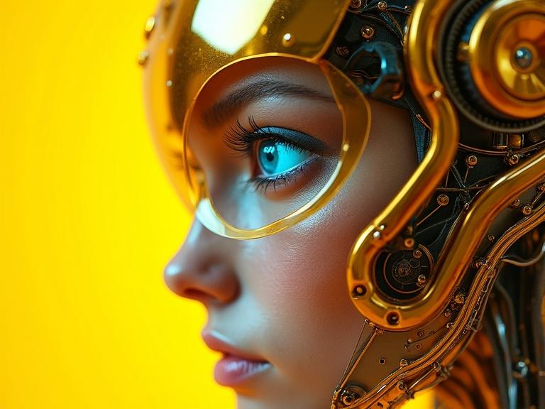 Close-up of a futuristic robotic face. Golden transparent exterior reveals intricate mechanics. Striking blue human eye contrasts with metallic structure. Solid yellow background. Blend of organic and synthetic elements. Eye is focal point.