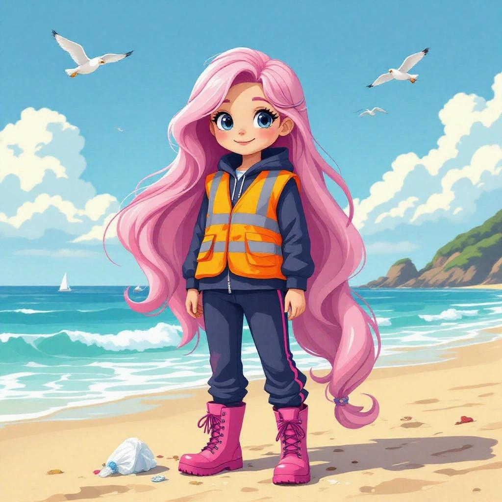 A girl with long pink hair at the beach. She's helping to pick up litter. Wearing a hi-visibility vest and navy blue tracksuit. Pink wellies with pink laces. Sunny day with seagulls and sailing boat in the background.