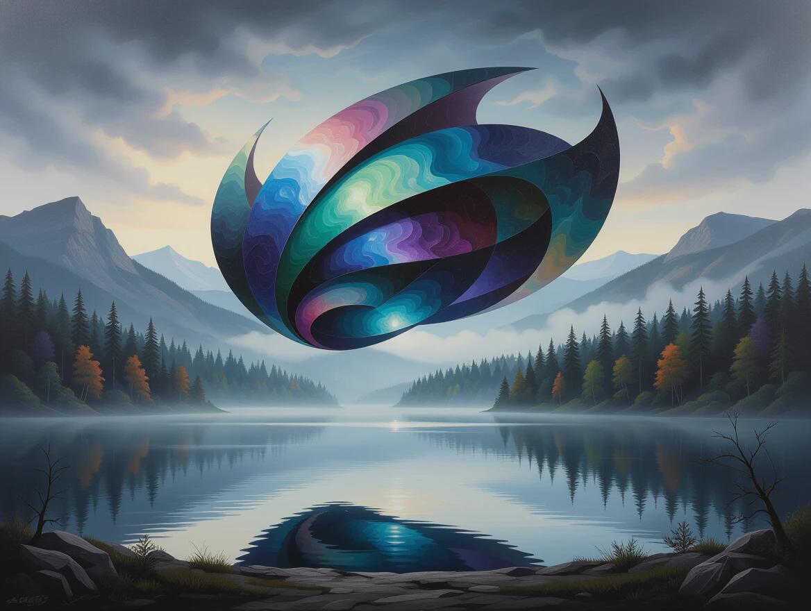 Masterpiece of thick sculptural oil painting. Mysterious entity hovers above eerie misty lake. Surrounded by ancient forest with tranquil atmosphere. Chaotic texture of swirling iridescent paint on entity. Internal light source pulsates creating volumetric light rays. Deeply textured art inspired by surrealism and classic landscape styles.